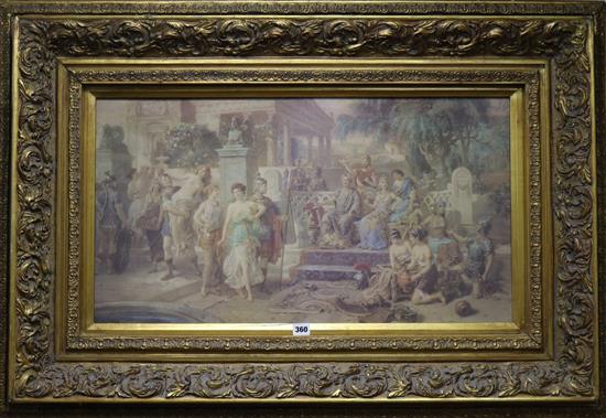 A coloured print depicting Anthony and Cleopatra in a courtyard, in an ornate gilt frame, 77 x 42cm